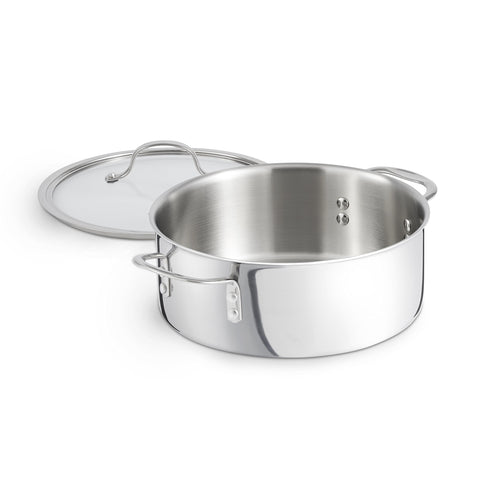 Calphalon exterior brushed stainless steel shows elegant finish for oven-to-table use.