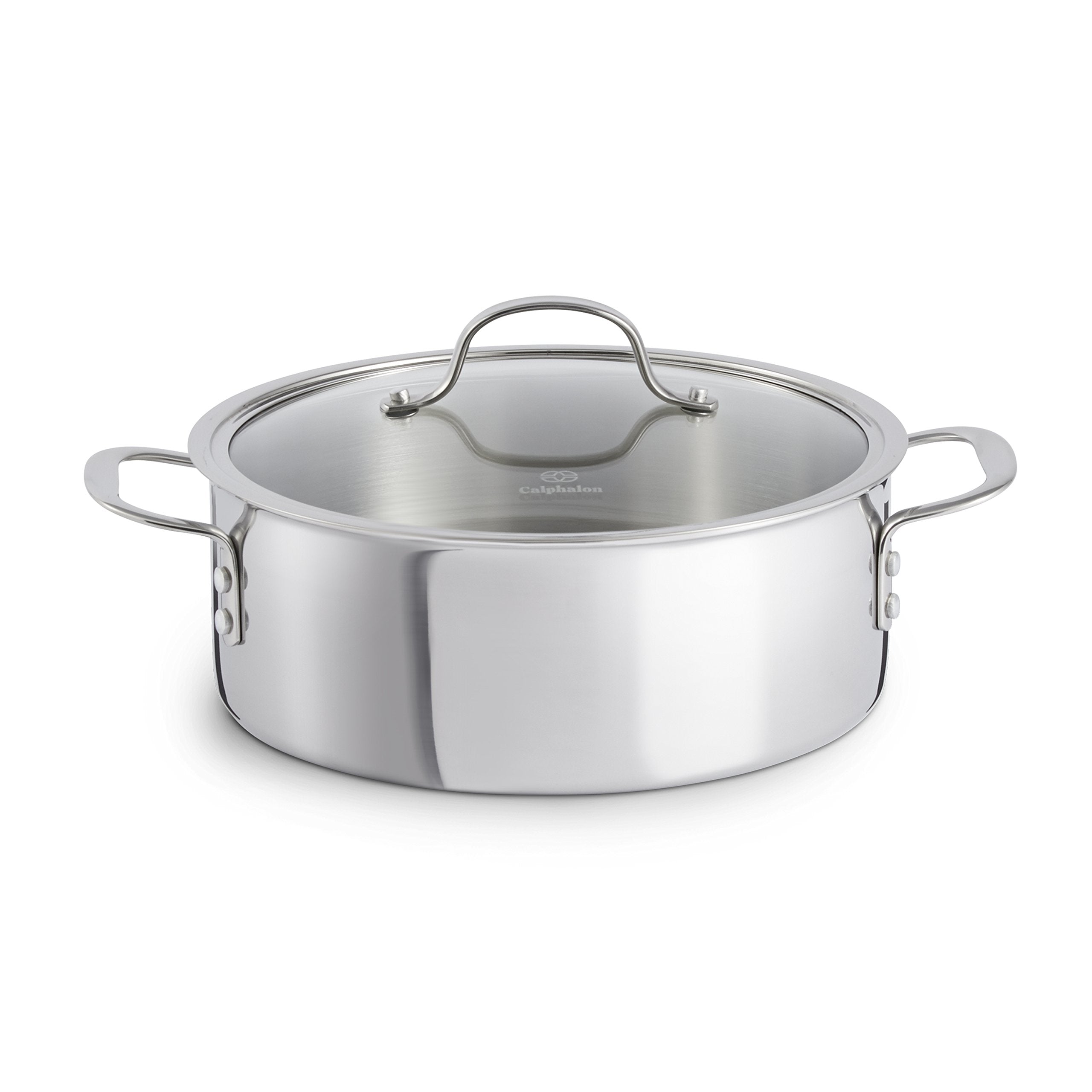 Calphalon Tri-Ply Dutch Oven front view highlighting even heating for browning.