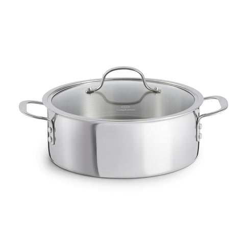 Calphalon Tri-Ply Dutch Oven front view highlighting even heating for browning.