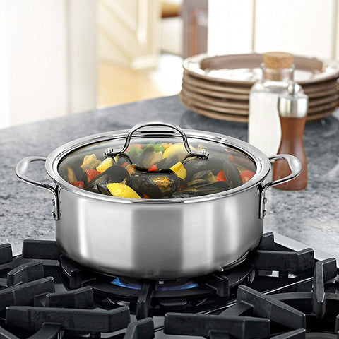 Calphalon Tri-Ply domed lid promotes self-basting for flavorful braises.