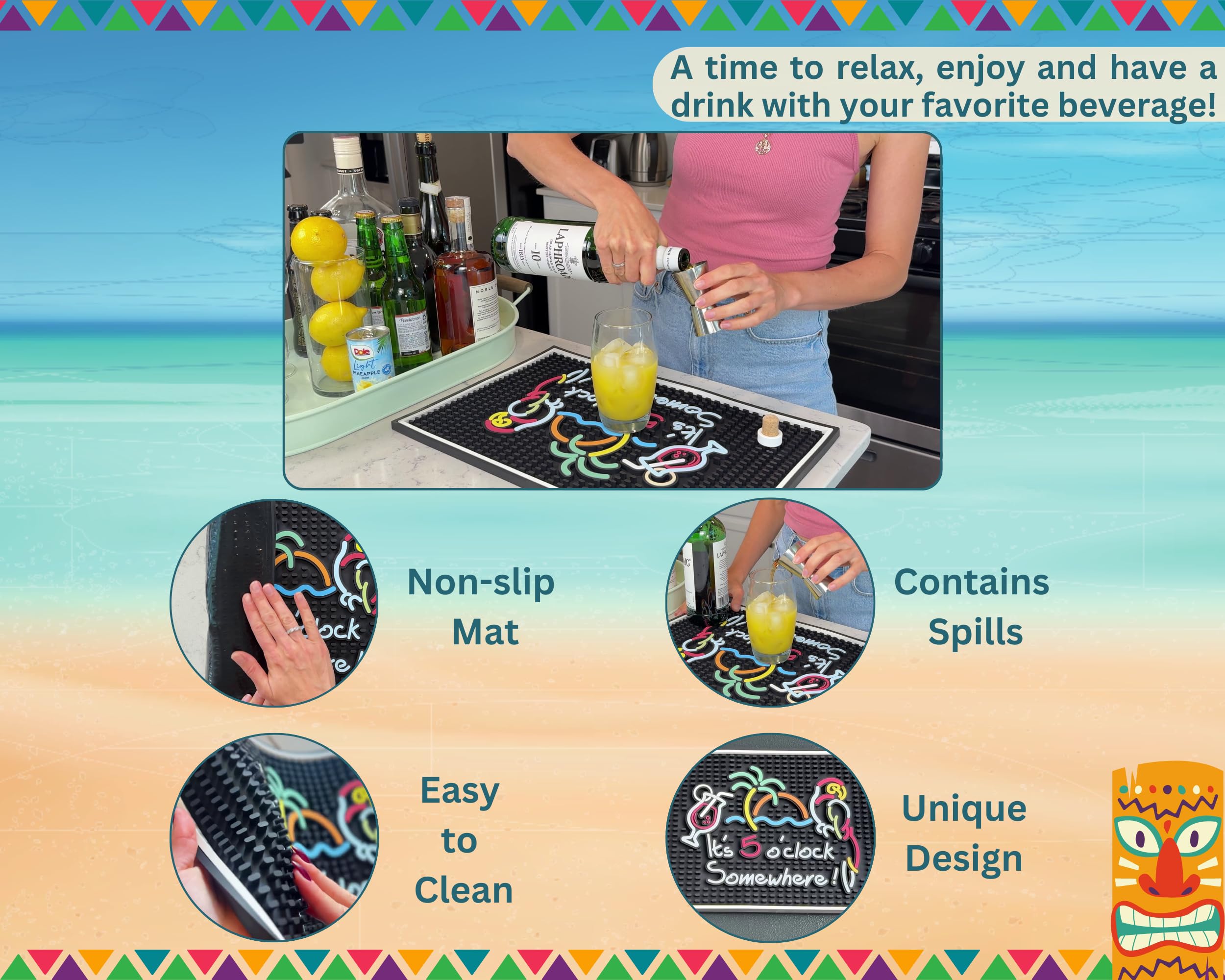 CALUVAR tiki decor bar mat adds tropical flair to outdoor bars and parties.