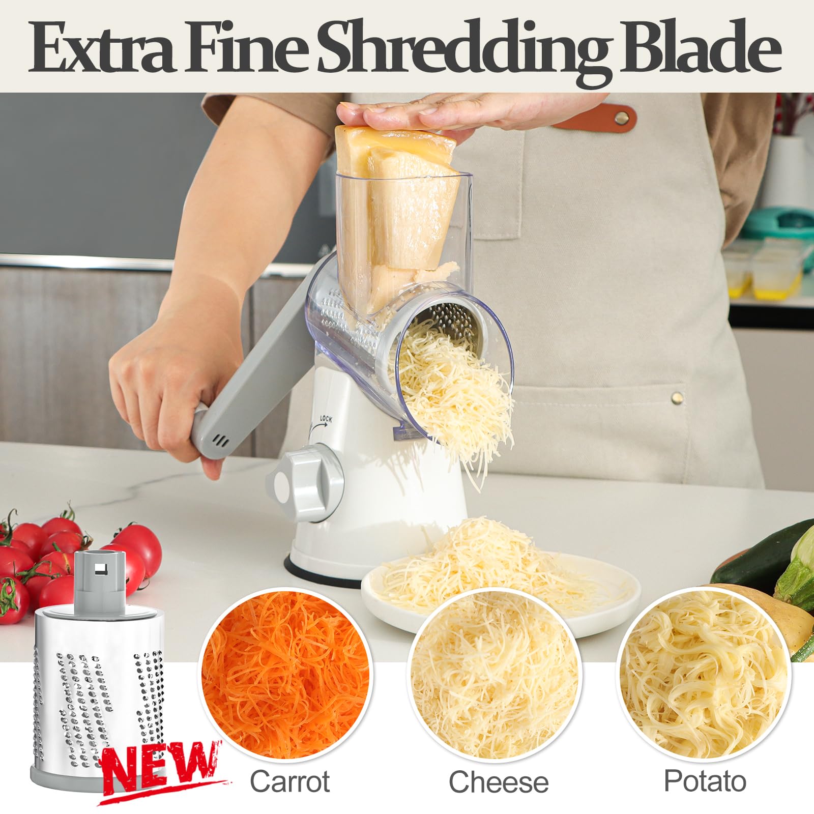 Cambom blades showing coarse and fine shredding for cheeses and veggies