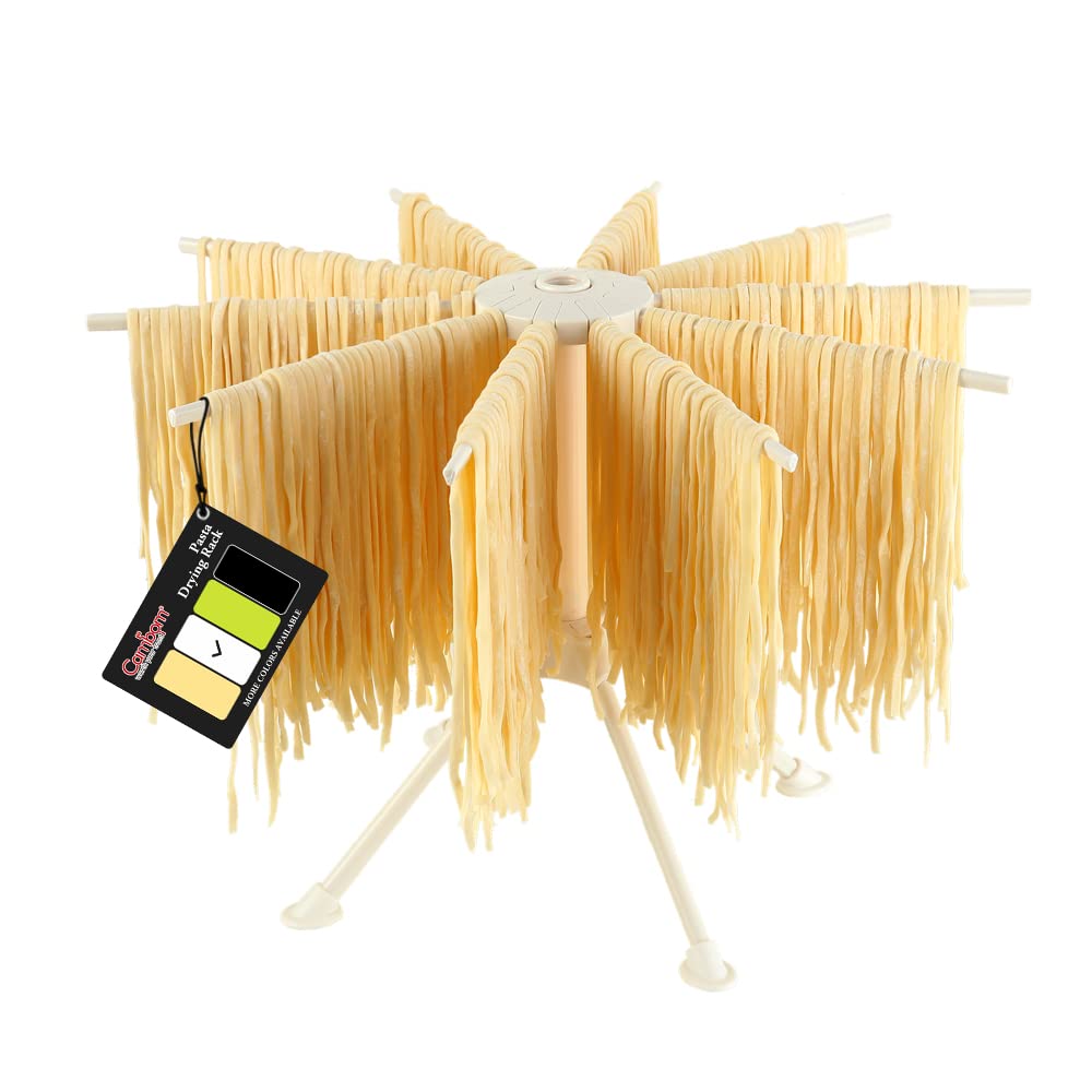 Cambom Collapsible Pasta Drying Rack with 10 arms promotes even air drying.
