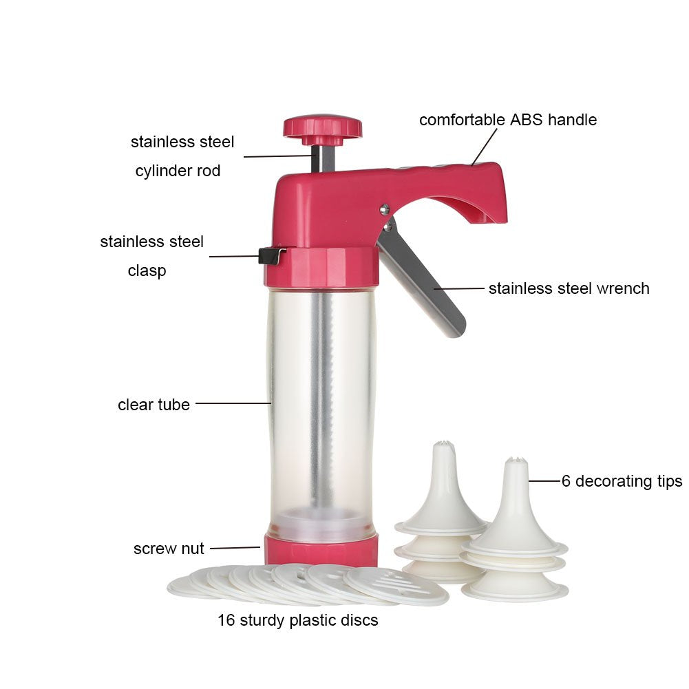 Cambom cookie press with 16 discs enables diverse shapes for batches.
