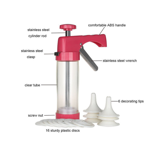 Cambom cookie press with 16 discs enables diverse shapes for batches.