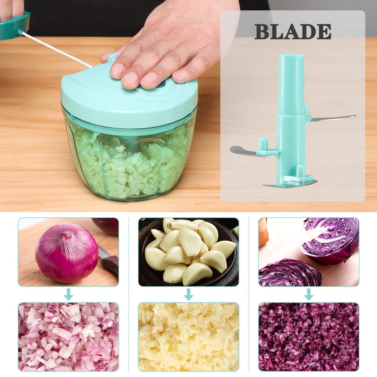 Cambom chopper with three stainless steel blades for efficient cutting.