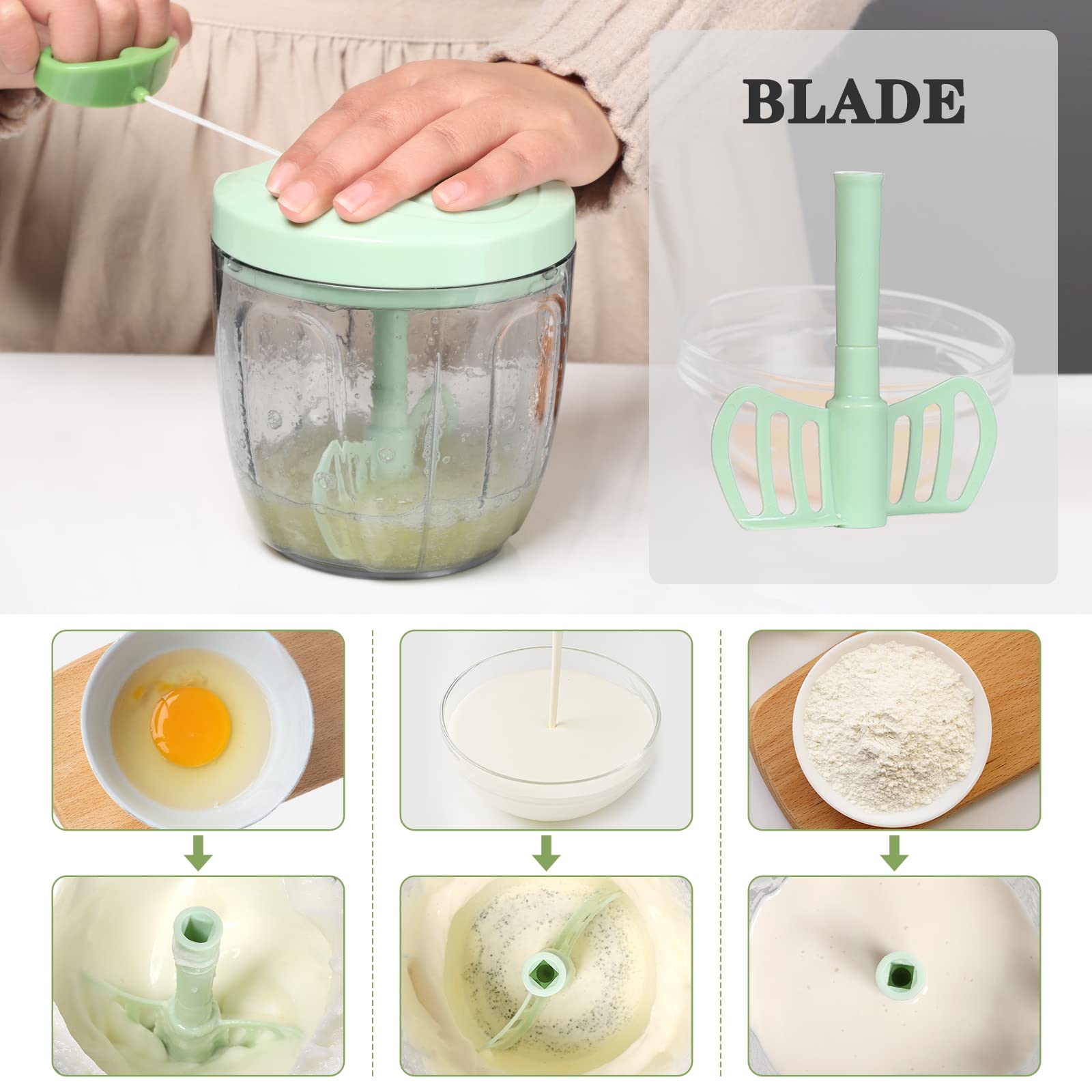 Cambom manual food chopper with three blades for fast, even chopping.