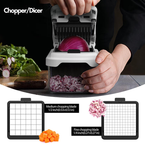Cambom chopper blade storage drawer displaying eight-blade set for versatile prep