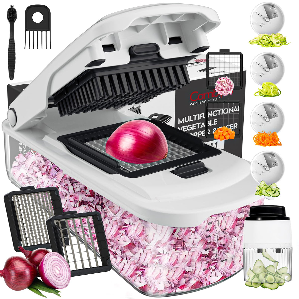 Cambom vegetable chopper container front view with compact meal-prep storage