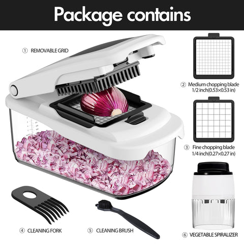 Cambom chopper with spiralizer showing six blades for creative veggie cuts