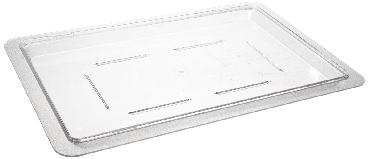 Cambro 1218CCW flat lid for Camwear half-size boxes keeps contents secure and ready for transport.