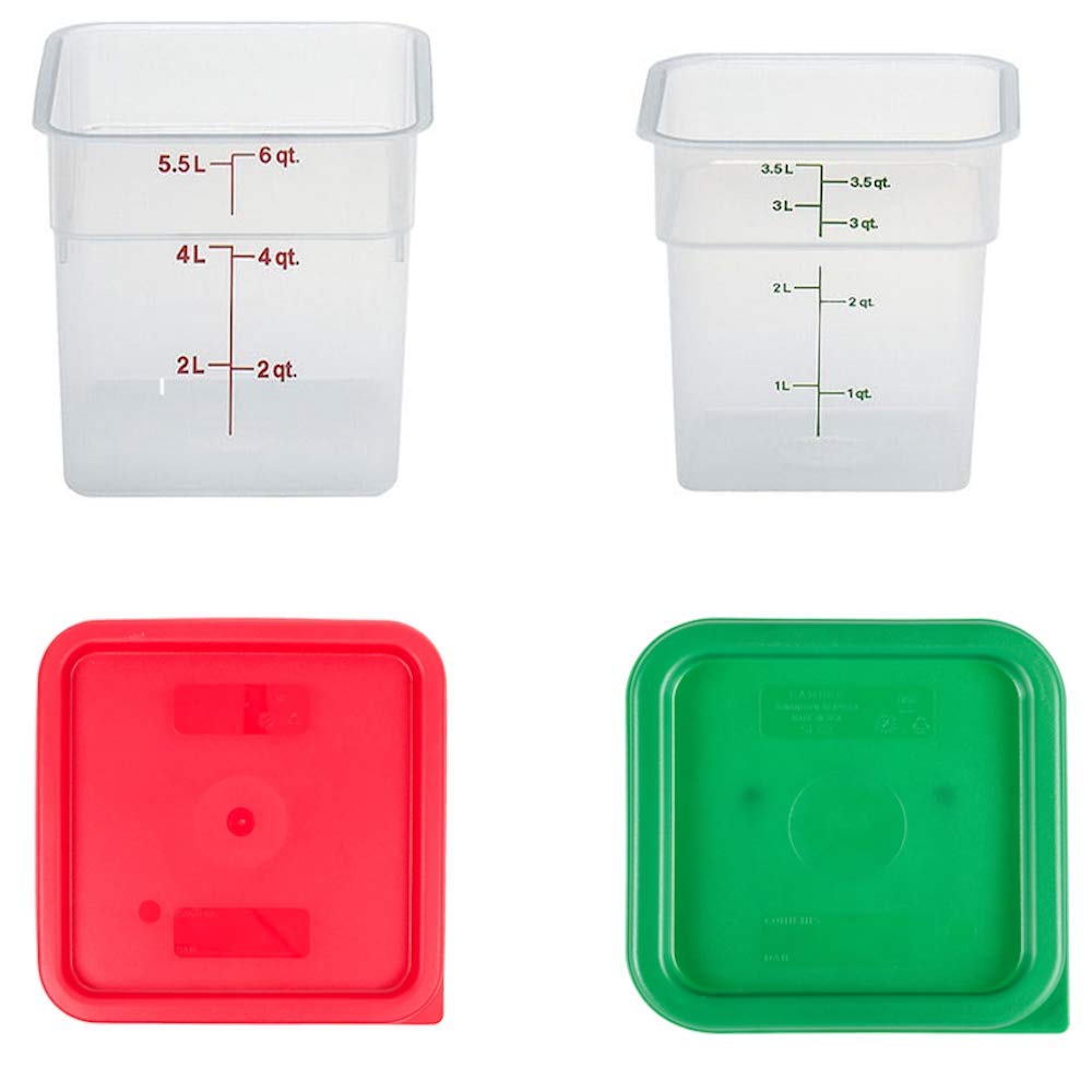 Cambro translucent square 4qt and 6qt containers with lids, ideal for durable, versatile storage.