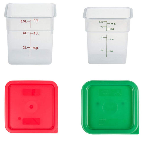 Cambro translucent square 4qt and 6qt containers with lids, ideal for durable, versatile storage.
