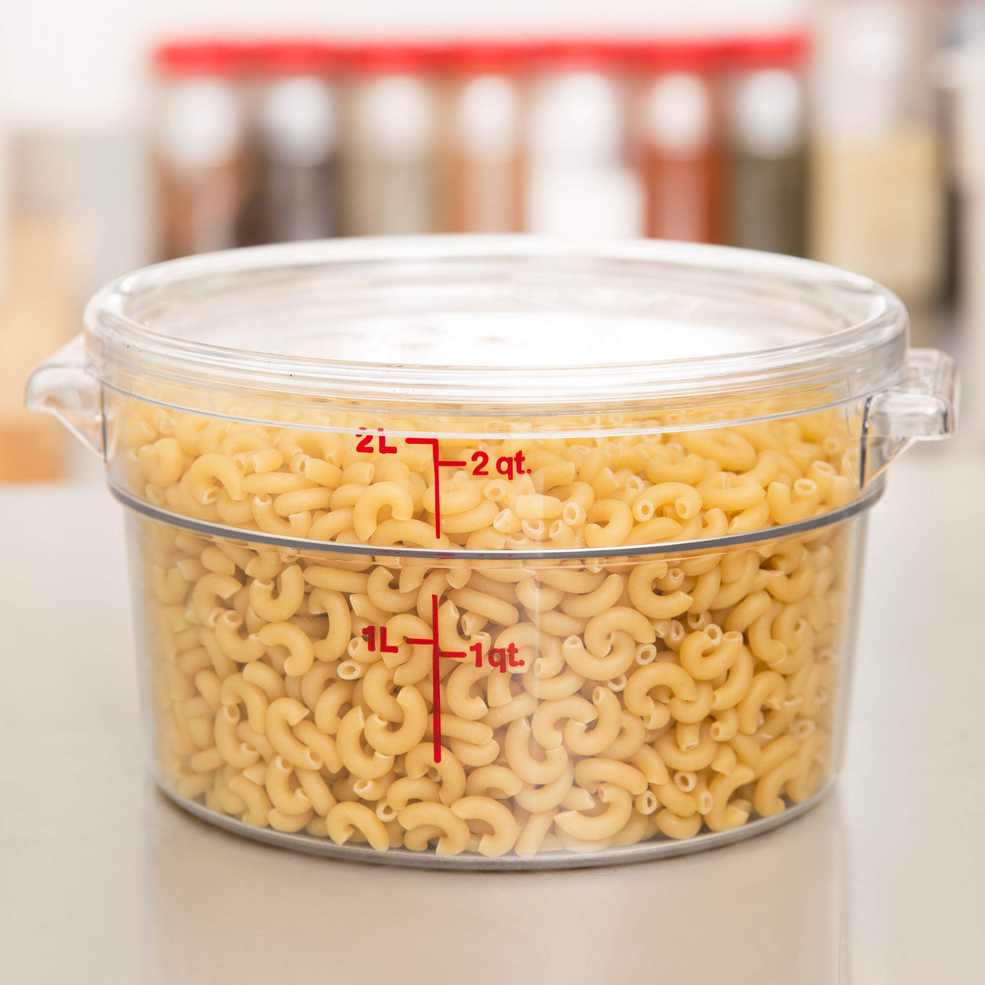 Two Cambro Camwear 2-quart containers stacked to save cabinet space