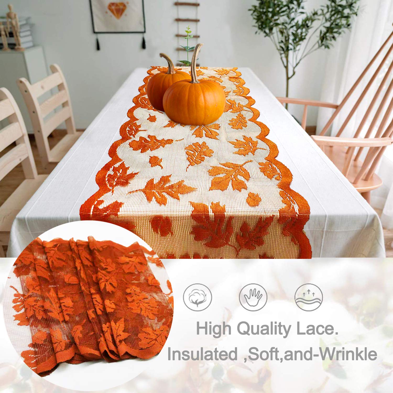 Camlinbo orange lace table runner in brown for Thanksgiving decor.