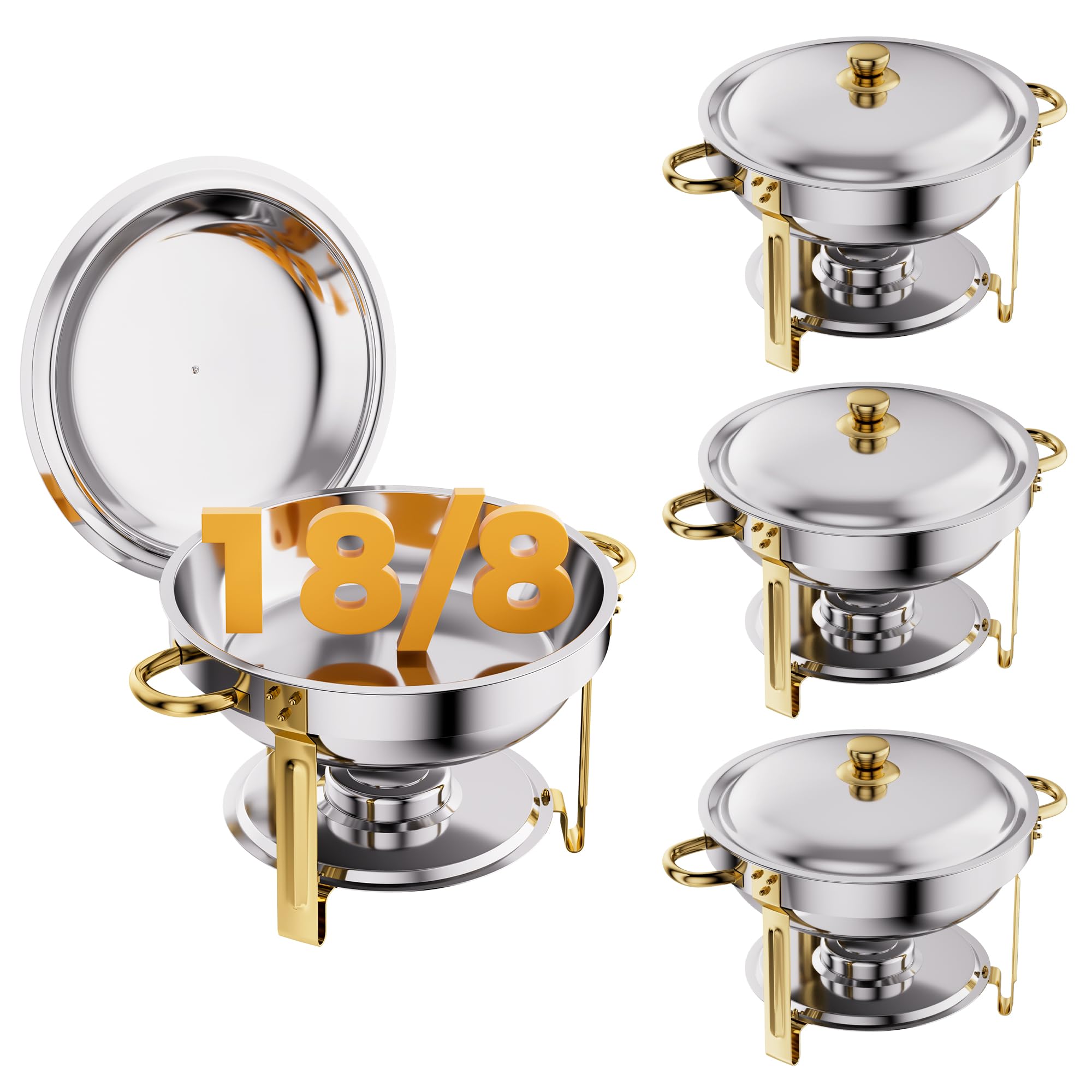 CAMMOO Gold 4-pack chafing dishes on a buffet table for elegant entertaining