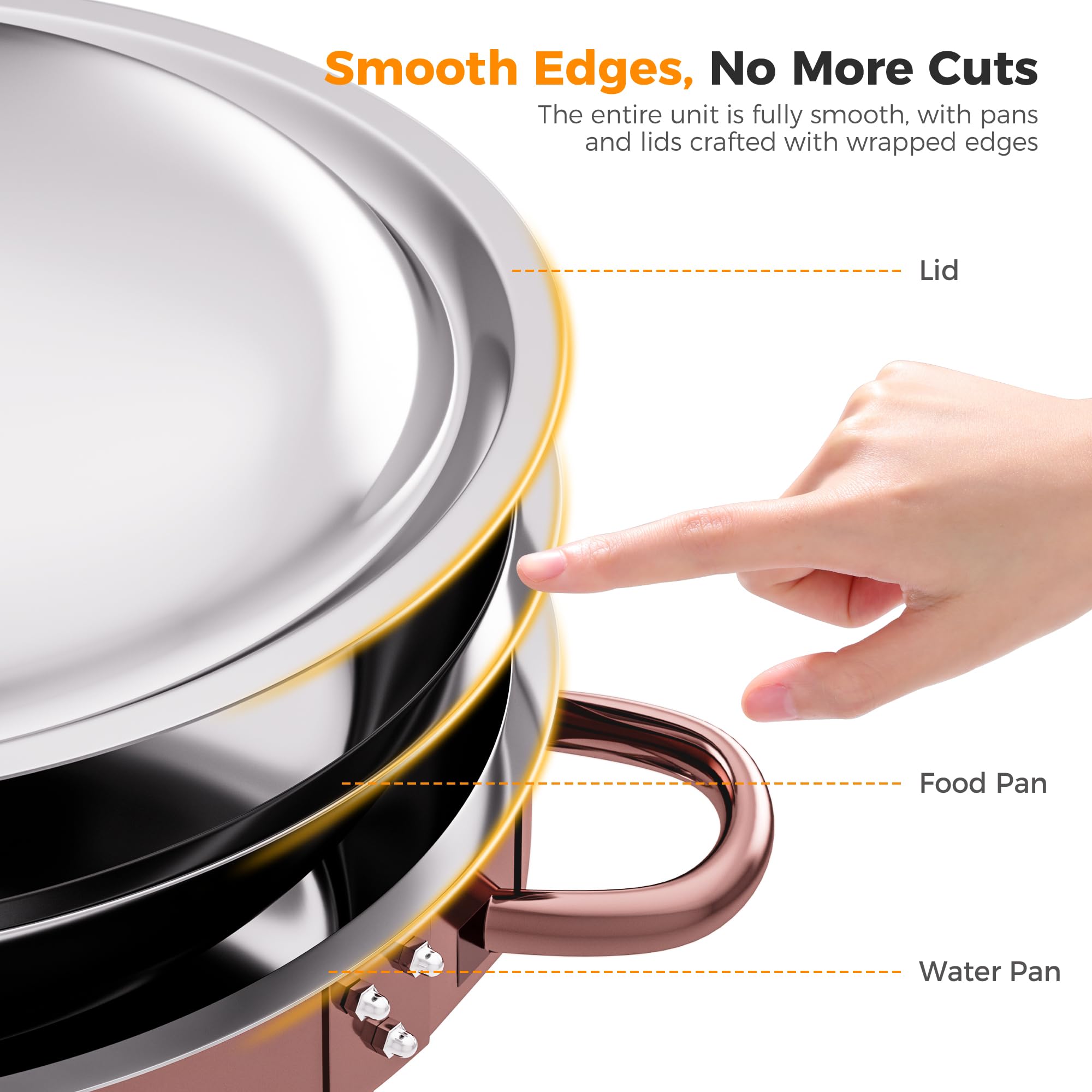 CAMMOO Rose Gold chafing dish retains heat for extended warm serving.
