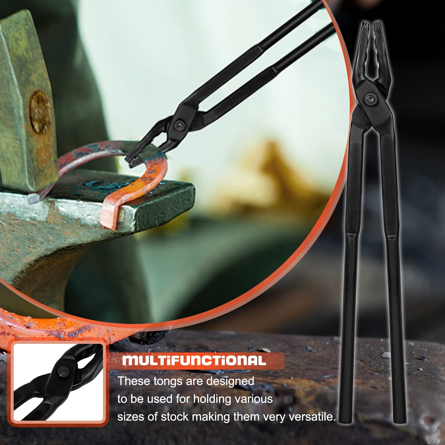 Camoo forge tongs securely grip varying stock shapes and sizes for precise clamping.