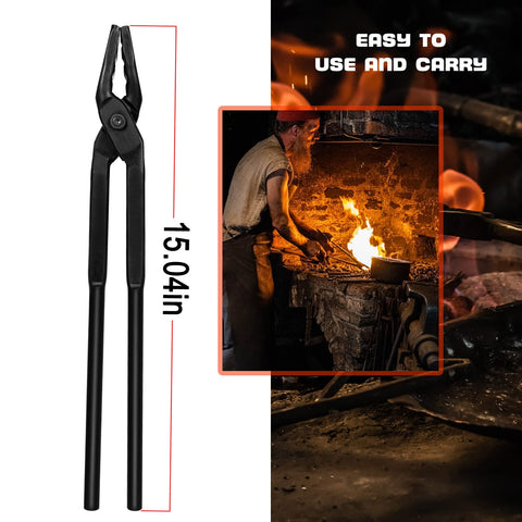 Camoo multi-angle clamp blacksmith tongs provide versatile positioning for forge work.