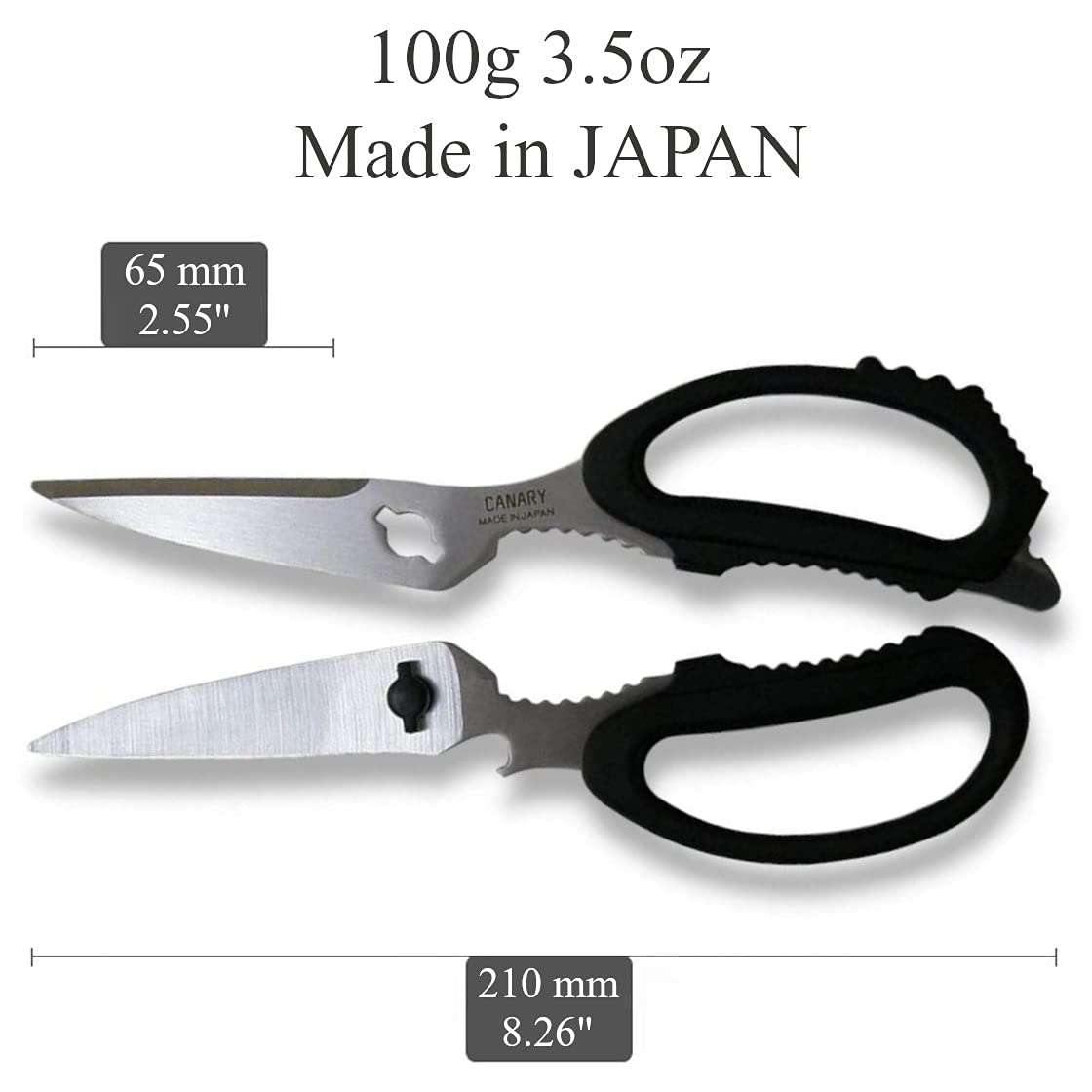 CANARY scissors with micro-serrated edge for secure grip on slippery foods