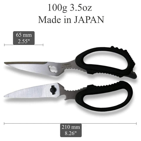 CANARY scissors with micro-serrated edge for secure grip on slippery foods
