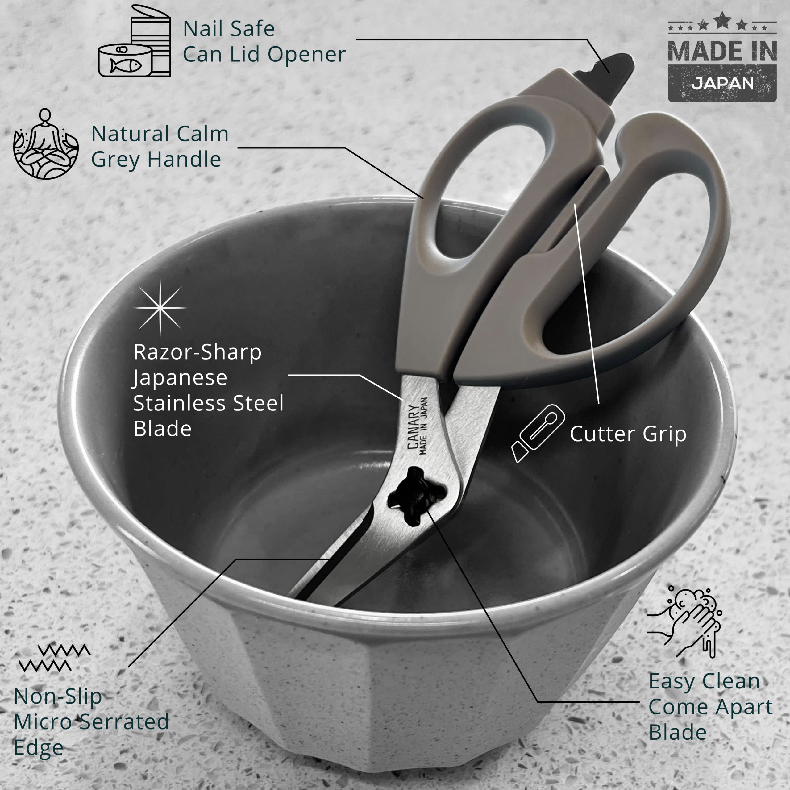 CANARY kitchen shears with built-in cutter for wrapping and slicing.