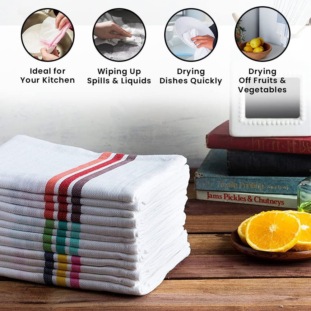 Candy Cottons stripe kitchen towels offer versatile use for wiping, drying, and protecting hot surfaces.