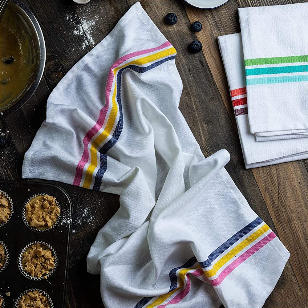Candy Cottons stripe kitchen towels feature hanging loops for easy storage and quick access.