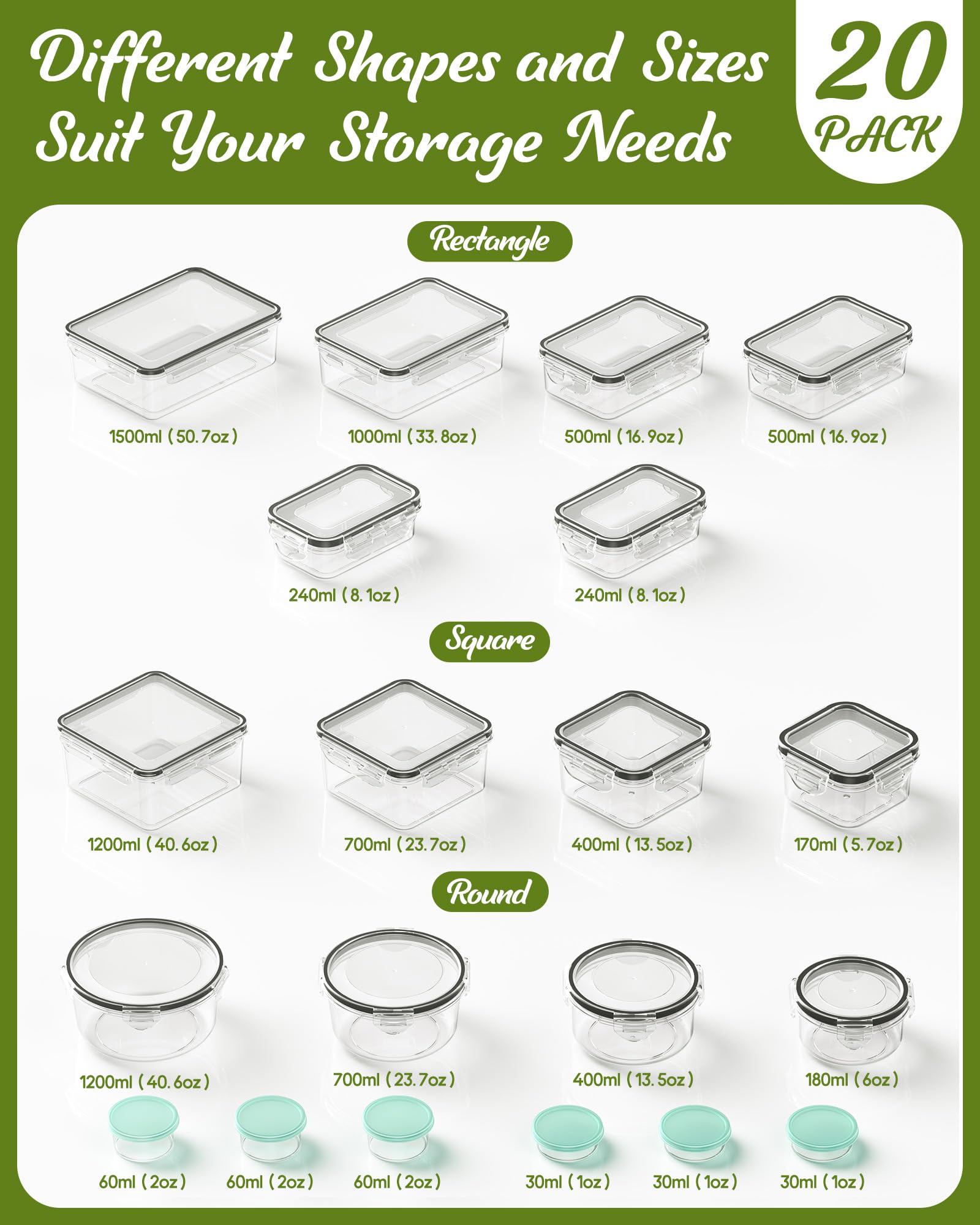 Canfanni 40-piece square containers with lids for organized fridge storage.