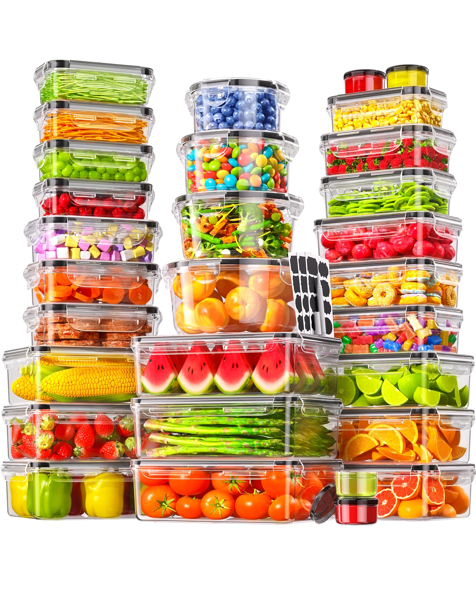 Canfanni 60-piece airtight containers for organized fridge storage.