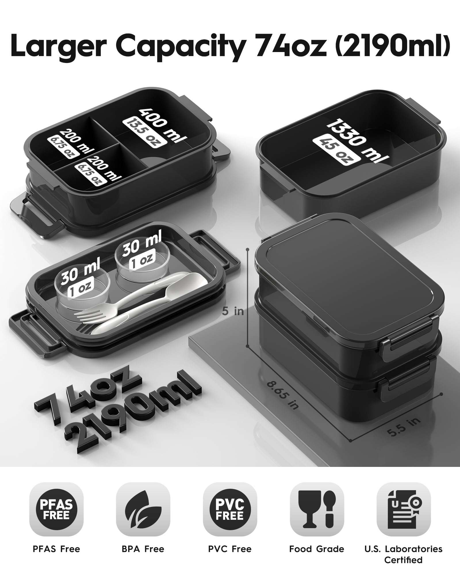 Canfanni Bento Box Astral Black shows 74oz capacity for hearty portions.