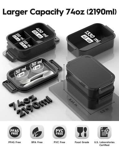 Canfanni Bento Box Astral Black shows 74oz capacity for hearty portions.