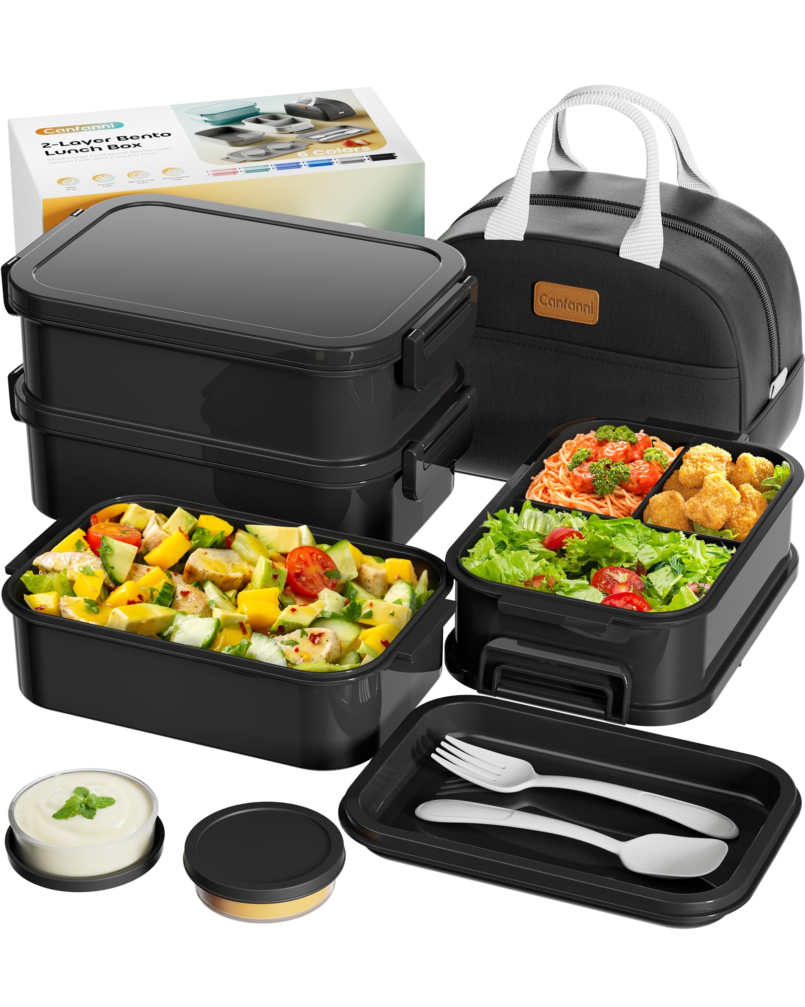 Canfanni Bento Box Astral Black open with three-stack compartments for organized meals.