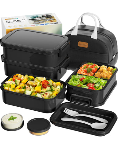 Canfanni Bento Box Astral Black open with three-stack compartments for organized meals.