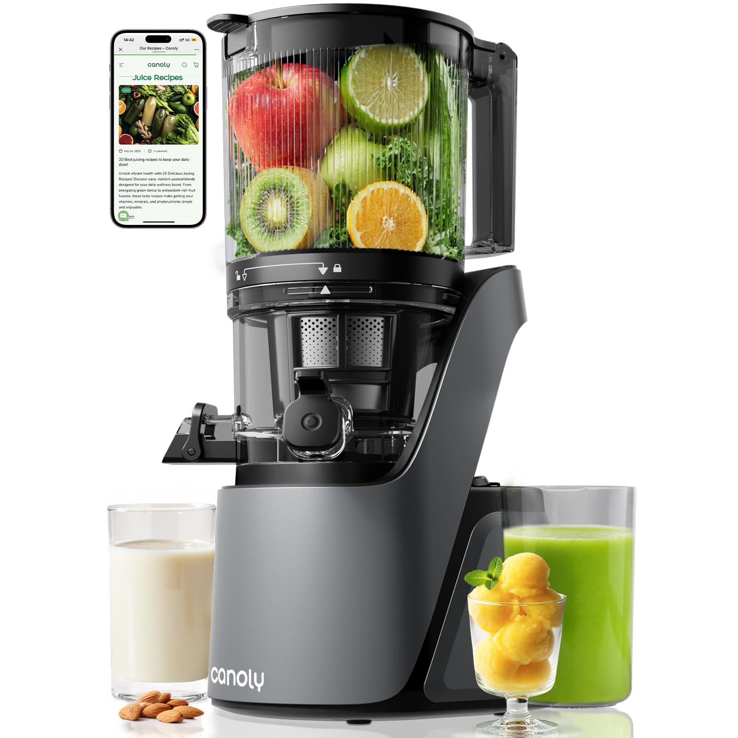 Canoly C16 juicer with 6-inch feed chute powering quick whole-fruit juicing.