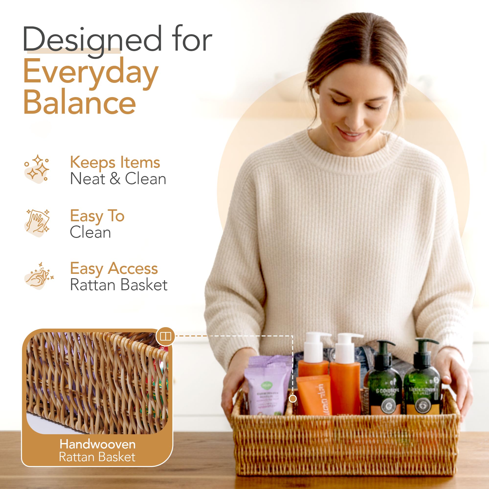 Cantalop bathroom cosmetics in a rattan basket keep vanity tidy