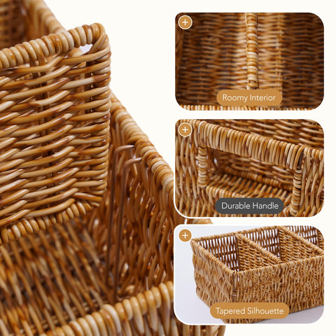 Cantalop snacks organized in a rattan basket keep pantry neat and accessible