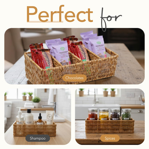 Cantalop tea bags neatly stored in a rattan basket for easy counter access