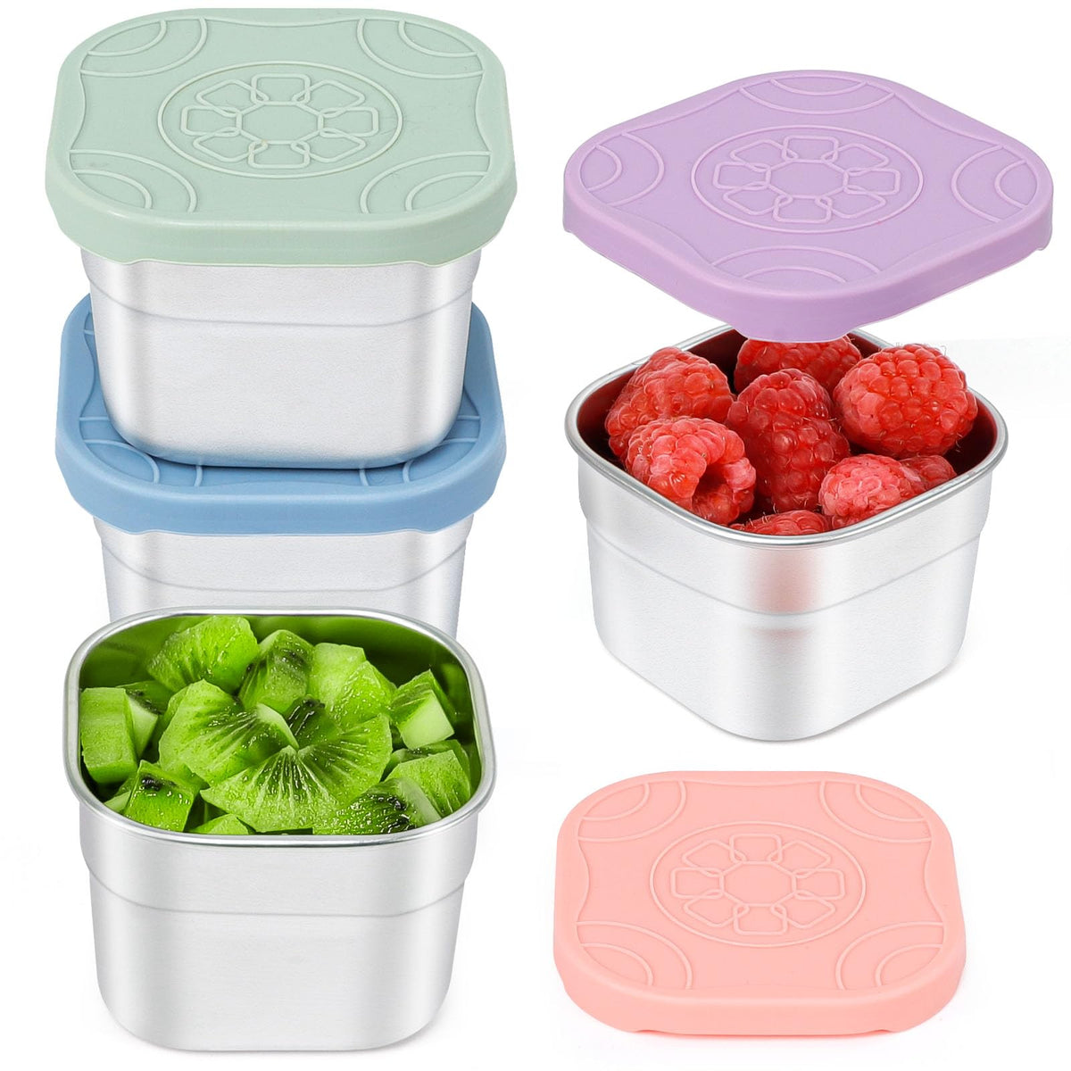 Caperci 4-pack stainless steel snack containers with silicone lids for organized lunches.