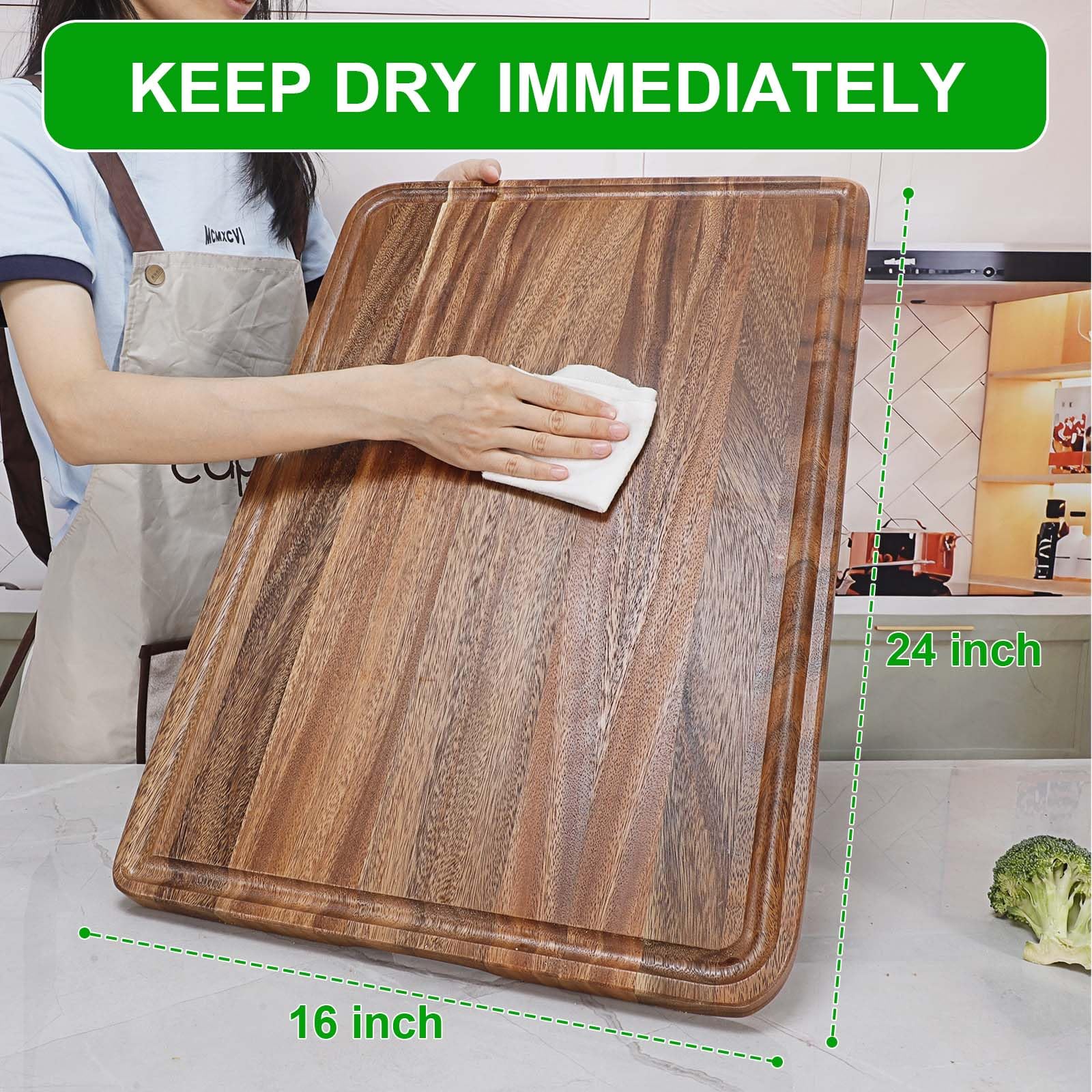 Caperci acacia cutting board care guide recommends mineral oil for longevity