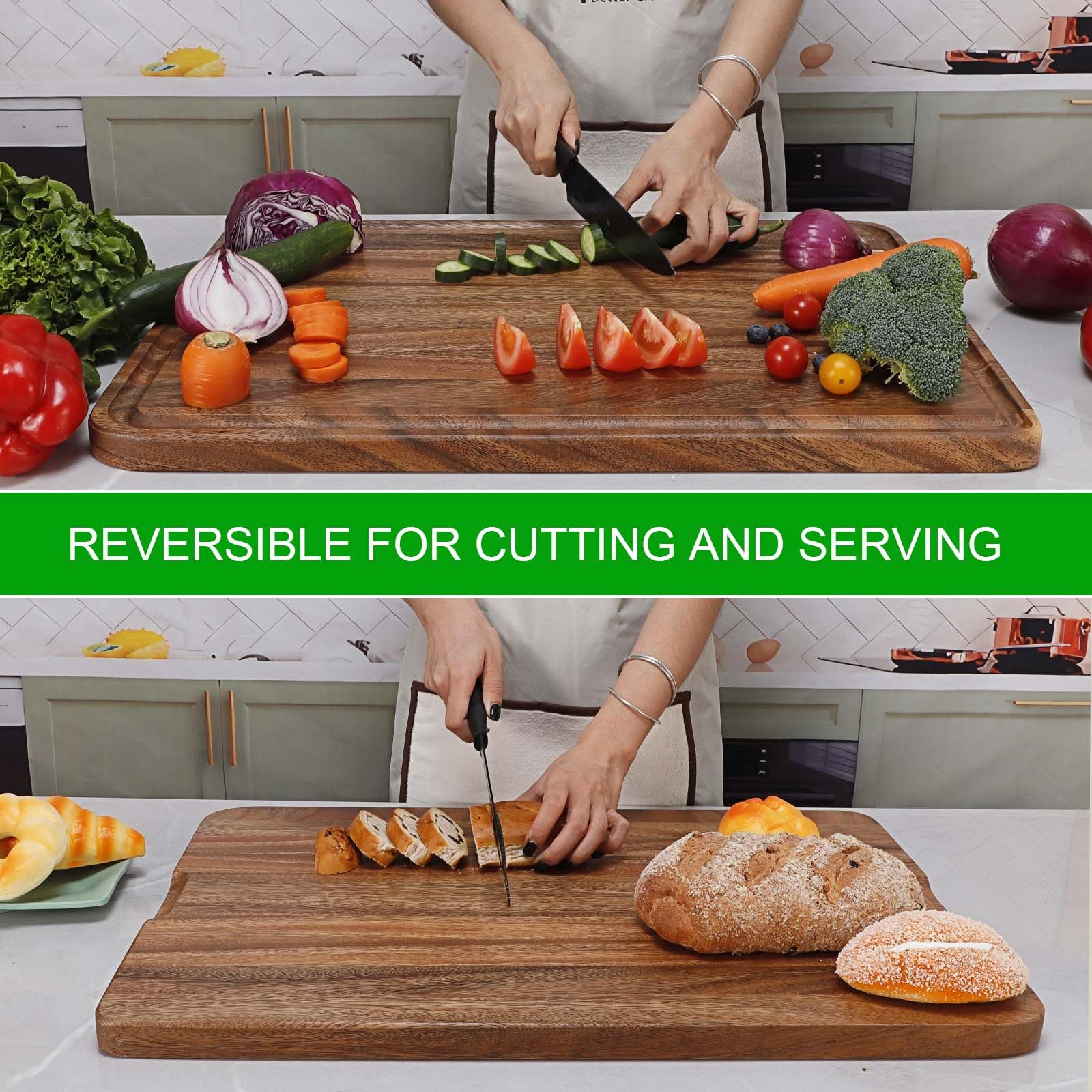 Caperci acacia cutting board with juice groove catches drippings for cleaner surfaces