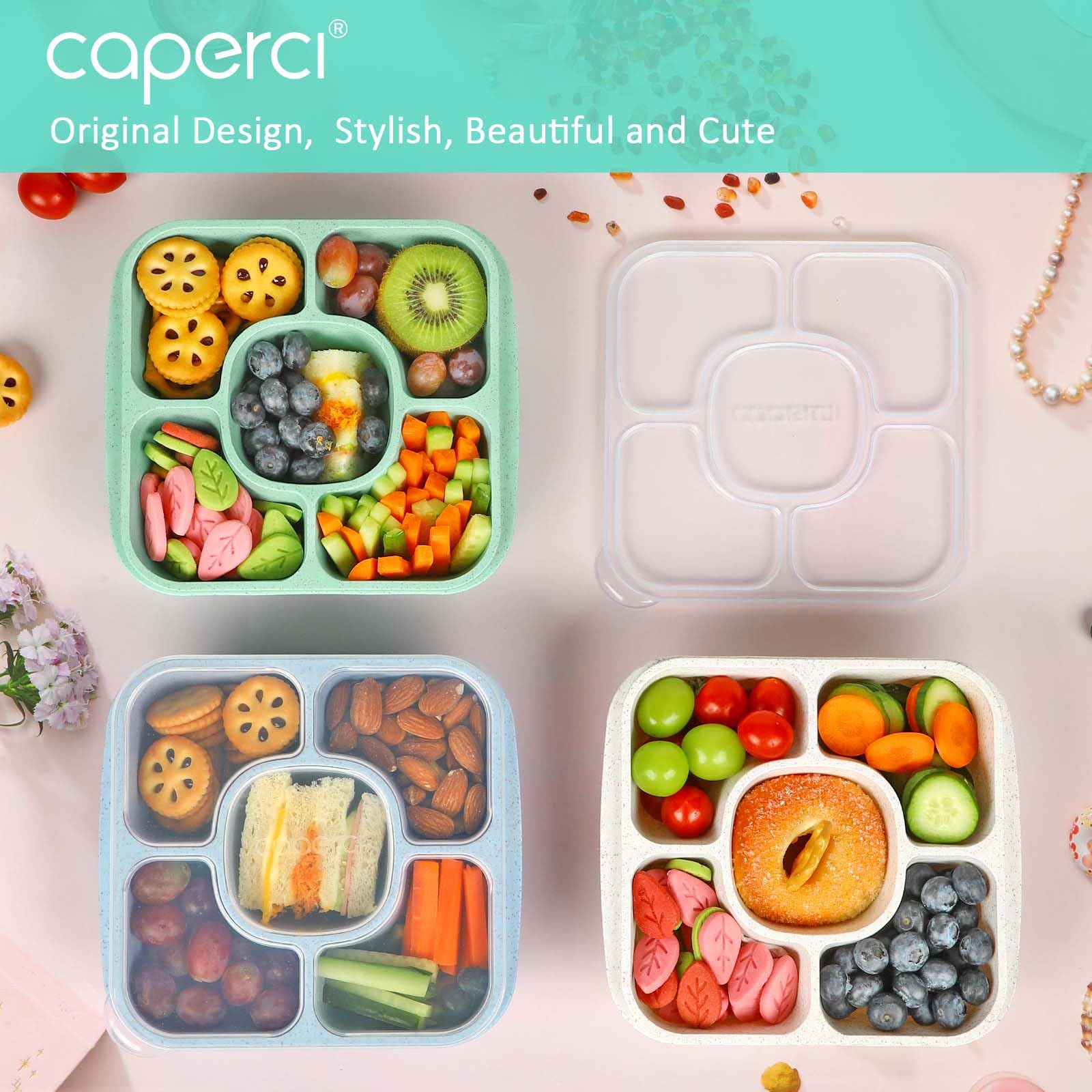 Caperci Bento box showing 5-compartment layout for portion control.