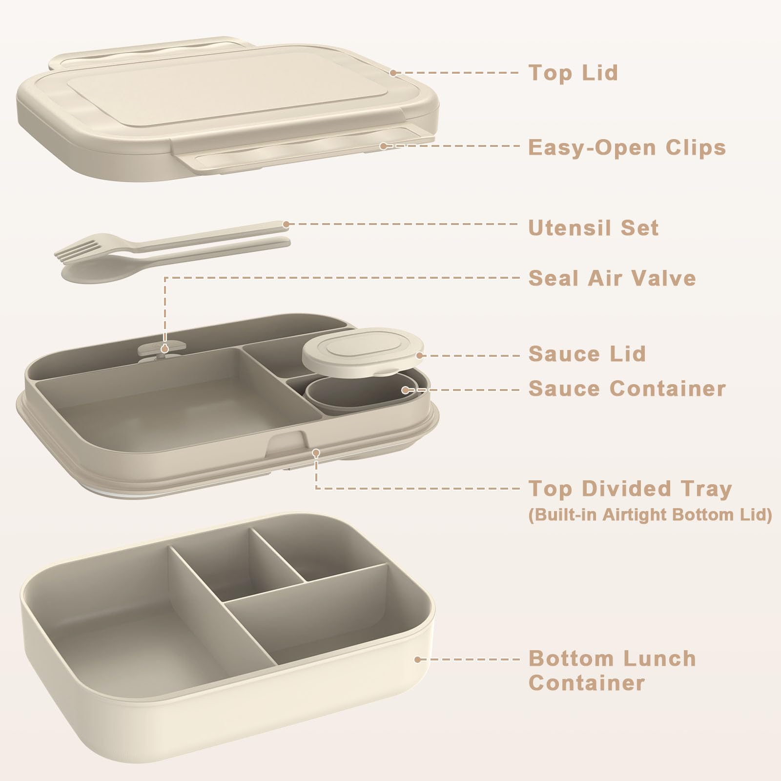 Caperci bento top tray shows utensils and sauce container for mess-free meals