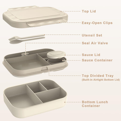 Caperci bento top tray shows utensils and sauce container for mess-free meals