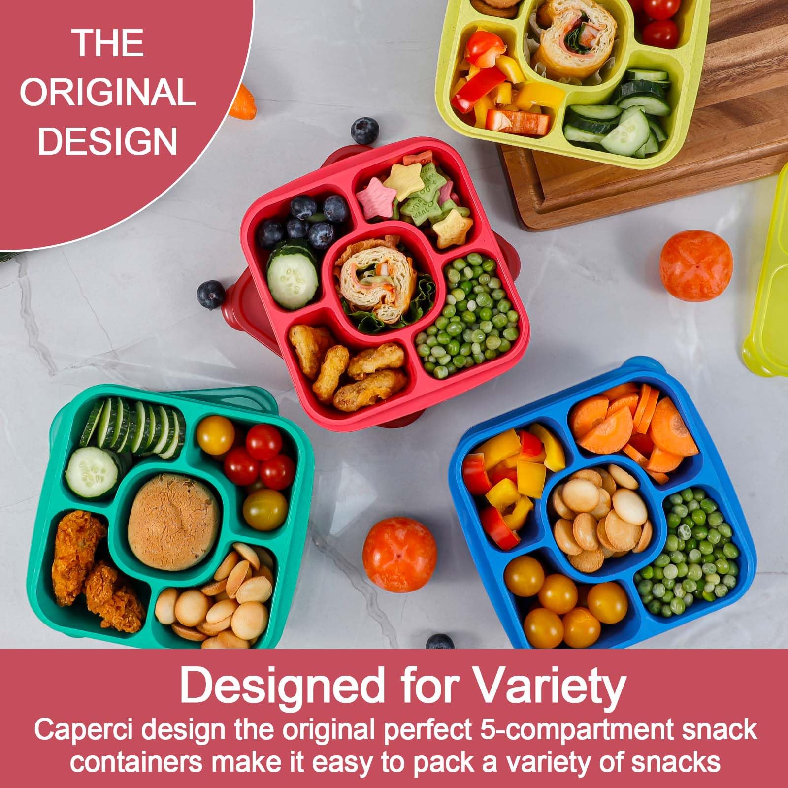 Caperci colorful 5-compartment lunch box offers varied portions and appeal.