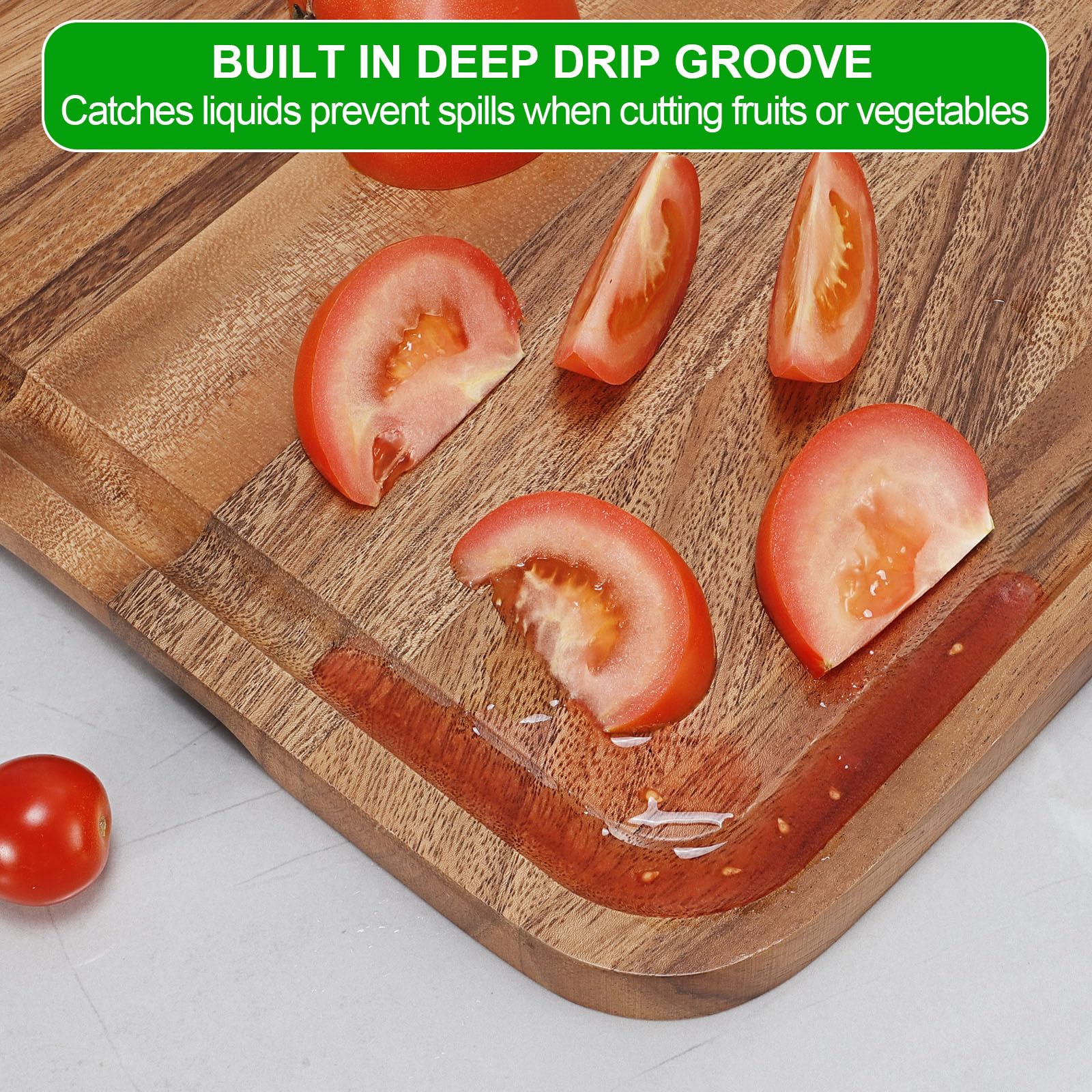Caperci juice groove prevents countertop mess while guiding juices into pots.