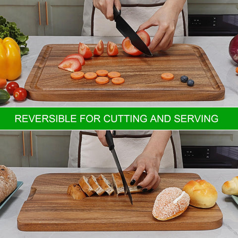 Caperci wood board with juice groove keeps juices contained during prep.