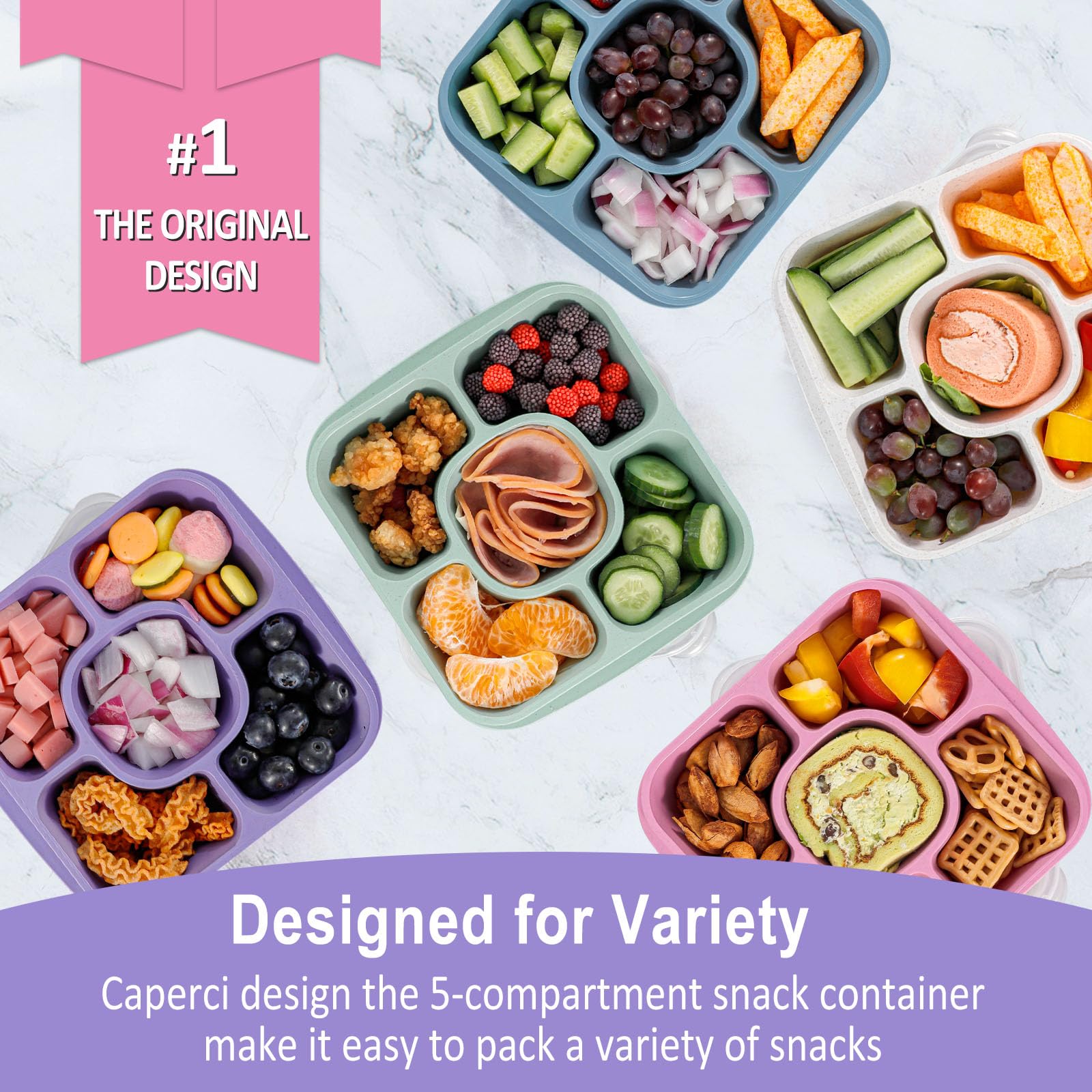 Caperci lids in dark and clear finish seal freshness on five trays.