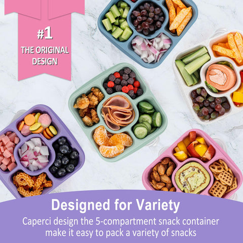 Caperci lids in dark and clear finish seal freshness on five trays.