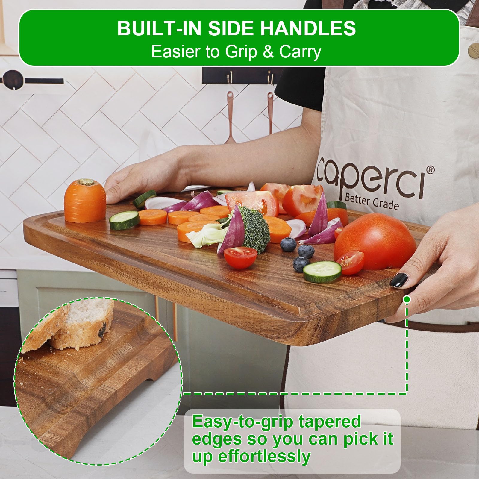 Caperci reversible acacia board shown from both sides for versatile use.